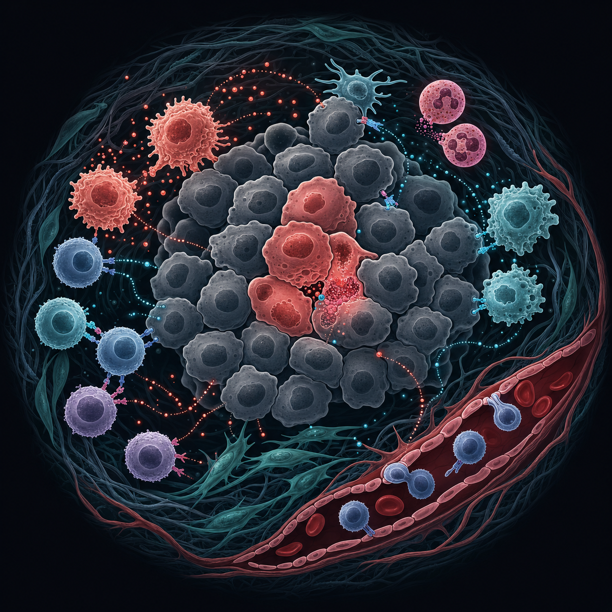 Illustration of cancer-associated inflammation within the solid tumor microenvironment