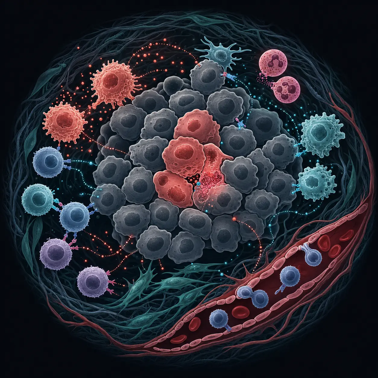 Illustration of cancer-associated inflammation within the solid tumor microenvironment